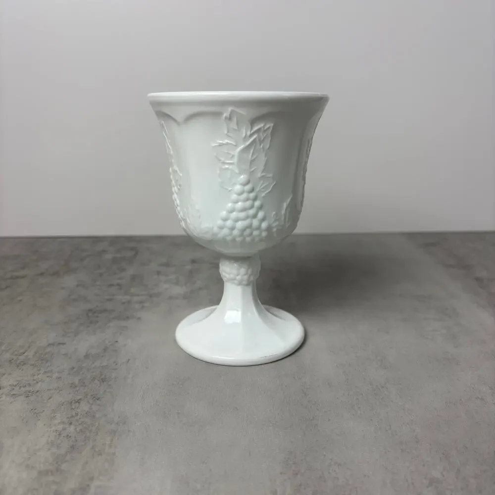 Vintage Indiana Glass Colony Harvest Grape White Milk Glass Goblet 5.25